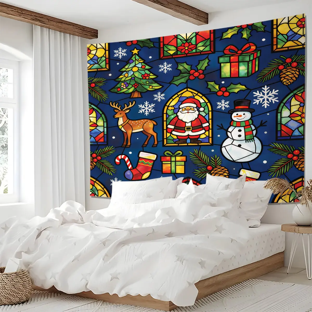Christmas Themed Tapestry Wall Hanging, Multiple Style Xmas Element Print Decor, Cookie Starry Wax Seal Camo Stained Glass Pattern, Ideal Aesthetic Ornament For Living Room Bedroom Dorm Apartment Home Wall Decoration