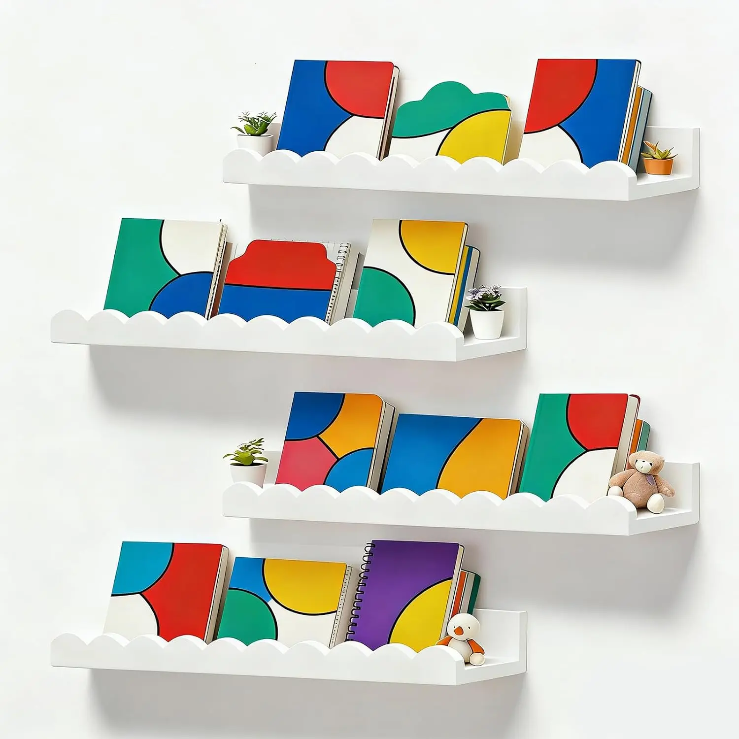 Book Shelves, Set of 4 Floating Book Shelves, Scalloped Wall Bookshelf for Bedroom, White Decor for , ,  Room