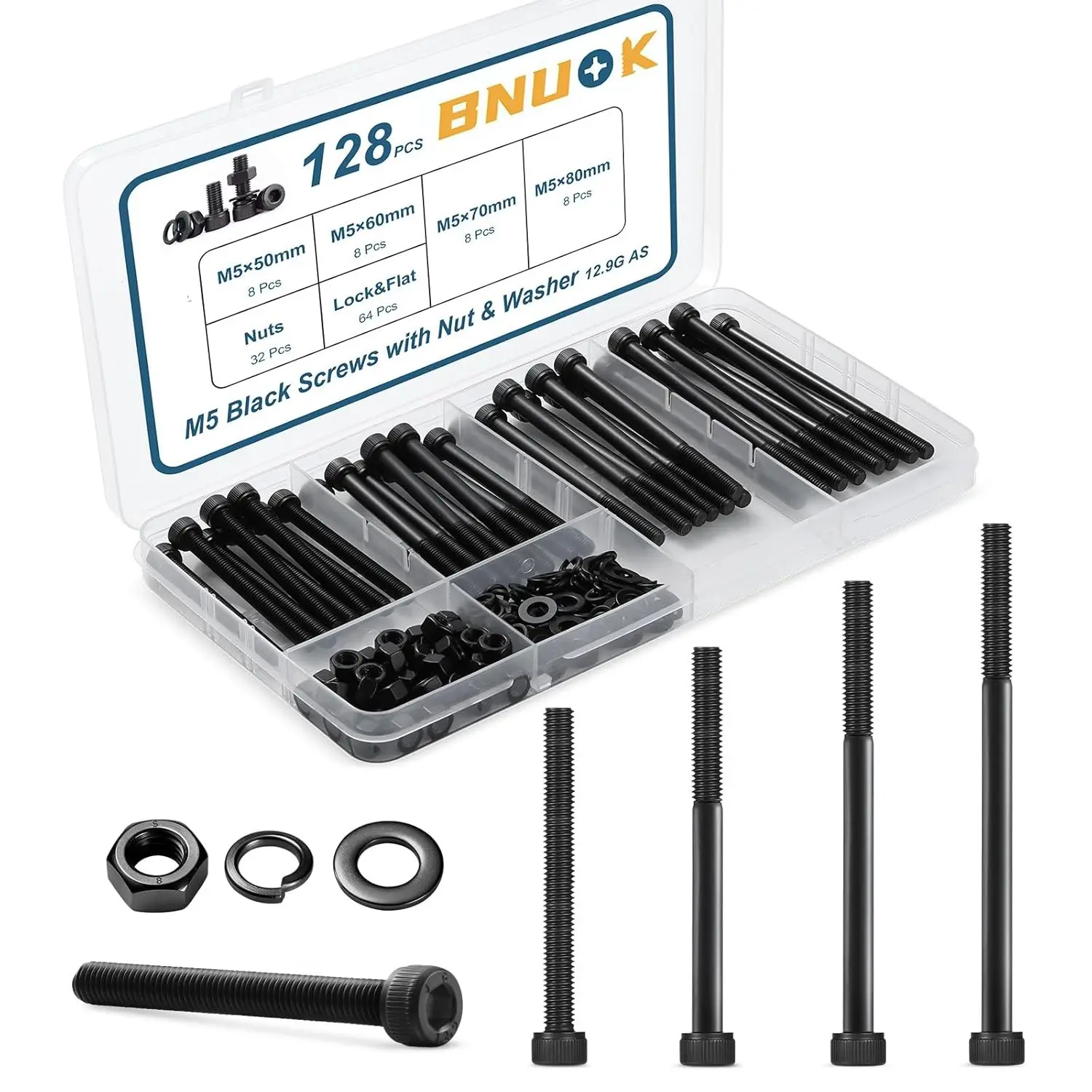 128 PCS M5 Screws Assortment Kit 12.9 Grade Alloy Steel M5 Bolts M5x 50/60/70/80mm Hex Socket Head Cap Screws Bolts Nuts Washers Set