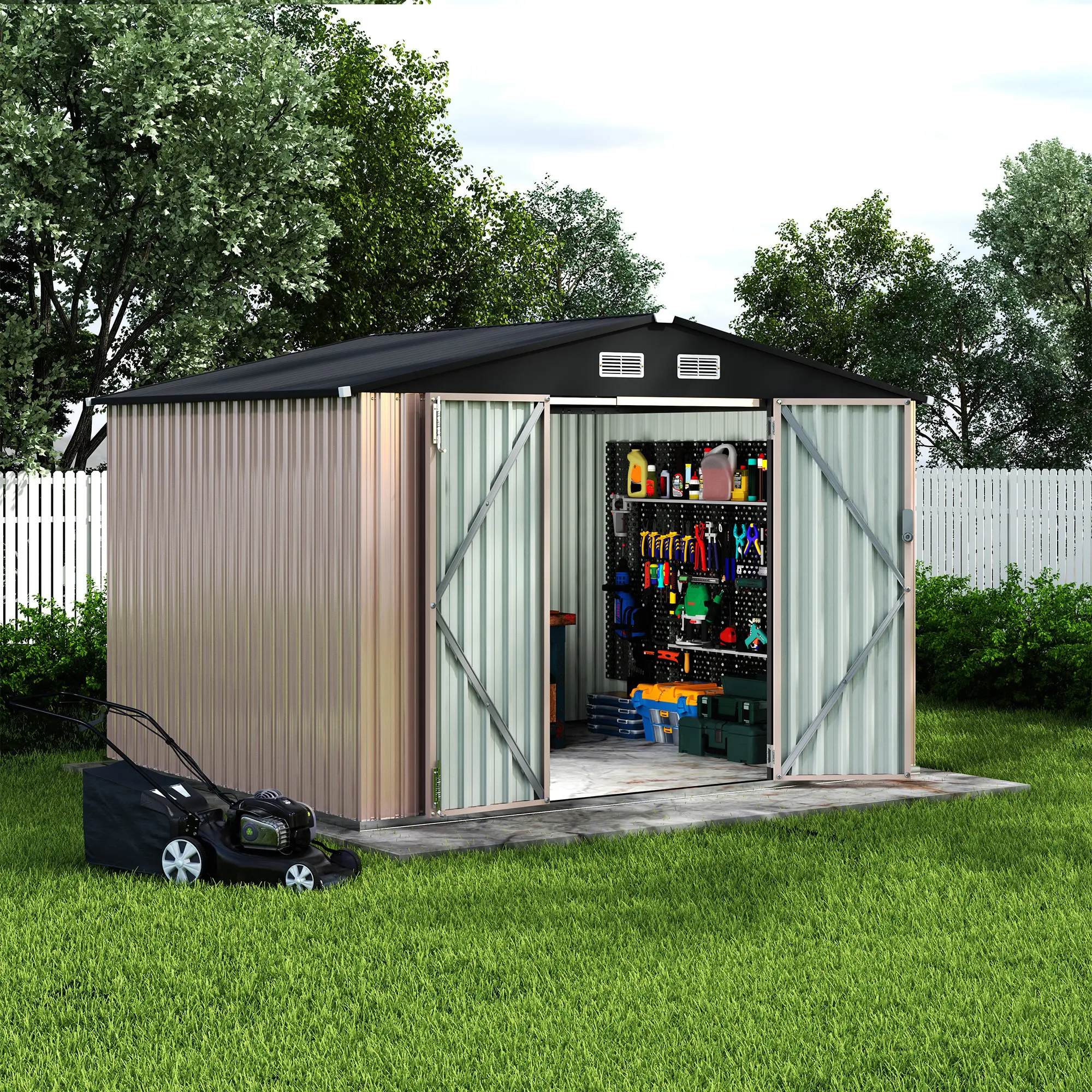8x10 FT Metal Outdoor Storage Shed Kit, Lockable Door Utility Building with Air Vent, Solar Outdoor Lights for Backyard, Garden