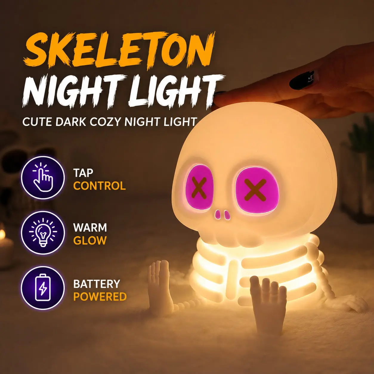 Halloween Decor Skeleton Lamp, Decorative Light, Touch Control Squishy Silicone Skull Night Light with 2-Level Warm Light, LED Bedside Lamp for Home Summerween Party, Christmas Birthday Gift for Kids