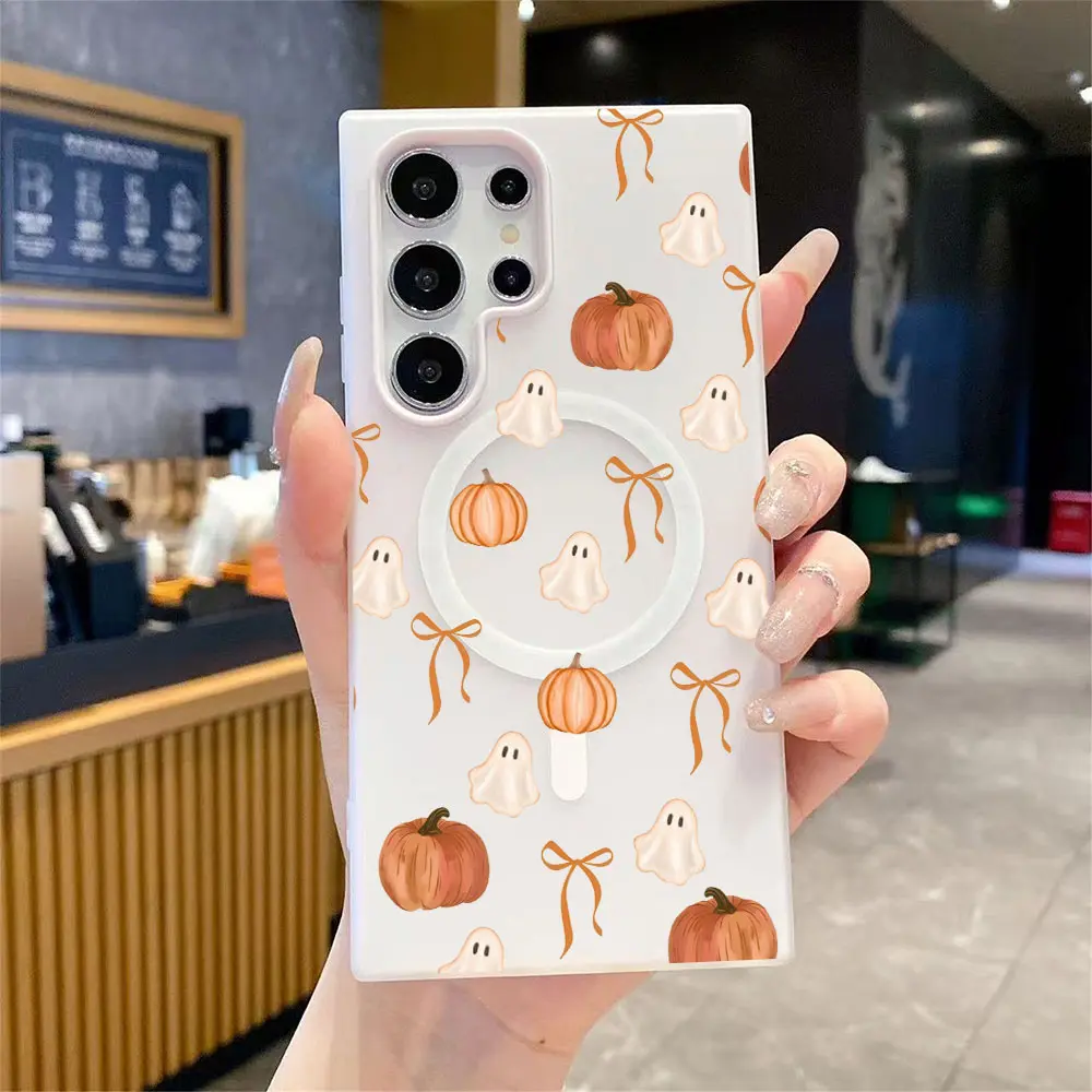Fall aesthetic phone case 2-in-1 soft shock-absorbing protective case - cute pumpkin ghost candy-colored design for Samsung Galaxy S26 Ultra S25 S24 S23 S22 - Halloween autumn gift