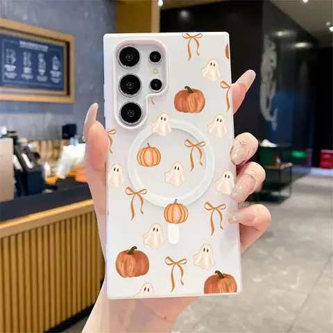 Fall aesthetic pumpkin ghost candy colored phone case, 2-in-1 soft shock-absorbing protective phone case, suitable for Samsung Galaxy S26 Ultra S25 S24 S23 S22 cute spooky phone case,autumn phone case, cute halloween gift-A232
