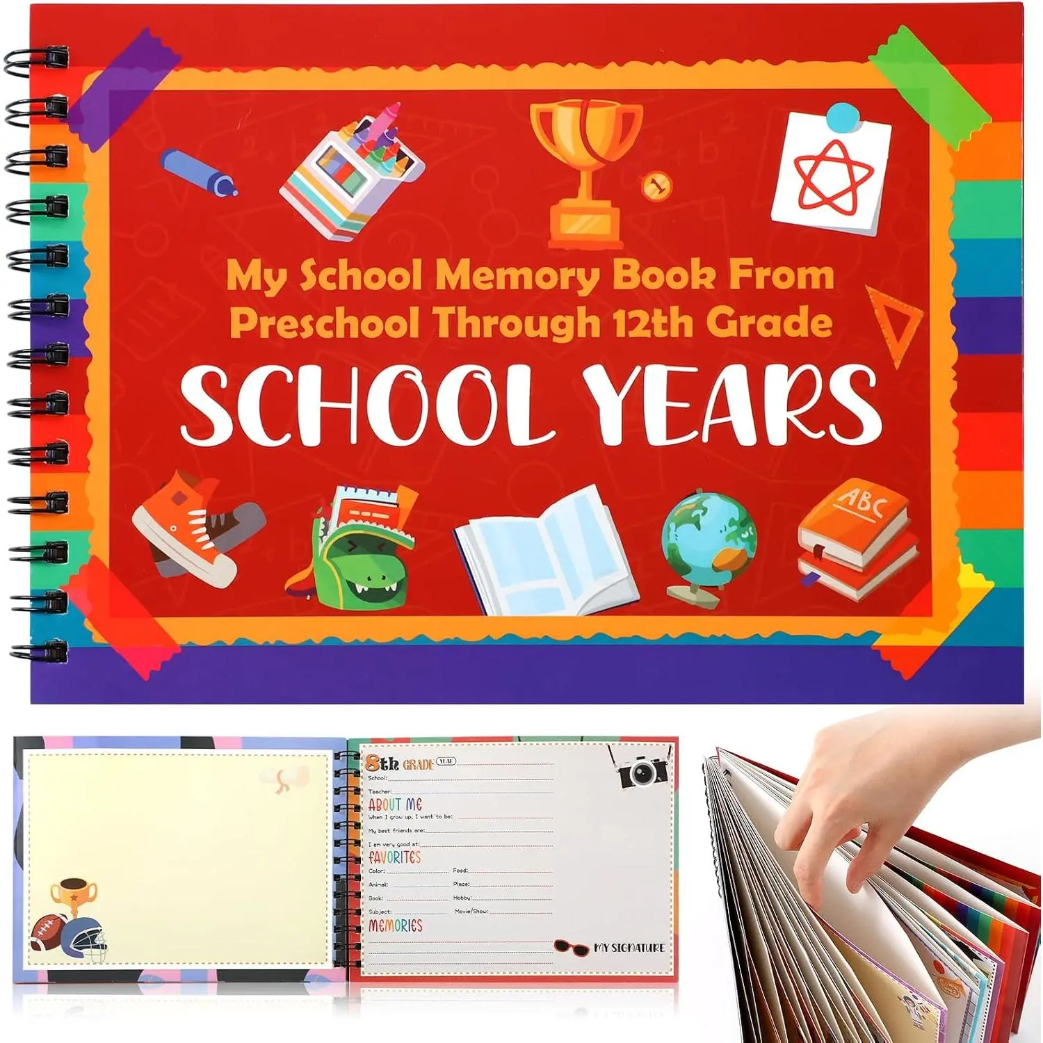 Horizontal School Memory Scrapbook Photo Album for Kindergarten Through 12th Grade, Home Supplies Home Decor Portfolio with 14 Pockets for Picture Storage, Ideal for Scrapbooking