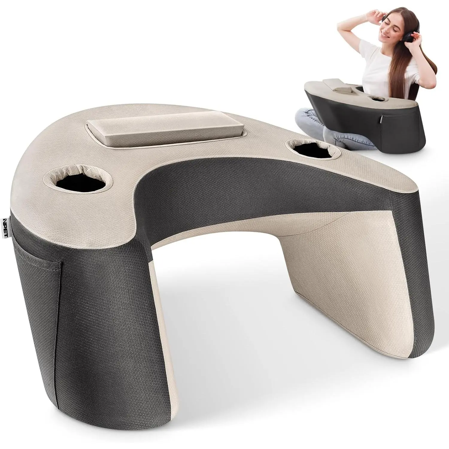 Ergonomic Memory Foam Lap Desk Pillow with Tablet Stand, Arm Rest Cushion with Dual Cup Holders & Side Pockets, Ice Silk Washable Cover for Bed Sofa Gaming Reading Office, Kids & Adults (Black Gray)