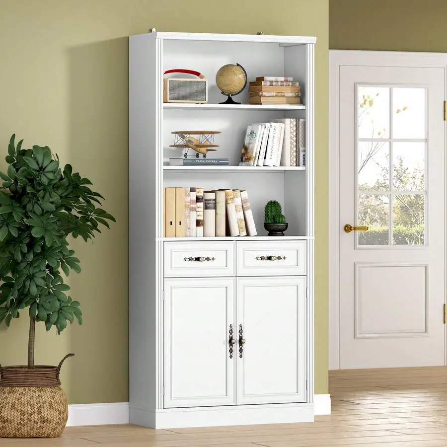 CORWELT Bookcase With Doors And Drawers, Adjustable Shelves, P2 MDF Construction, Freestanding Cabinet With Metal Handles, Hidden Storage Living Room, Bedroom