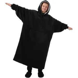 Oversized Wearable Blanket Hoodie for Men and Long Soft Flannel Plush Blanket Sweatshirt 47 Inch (Black)
