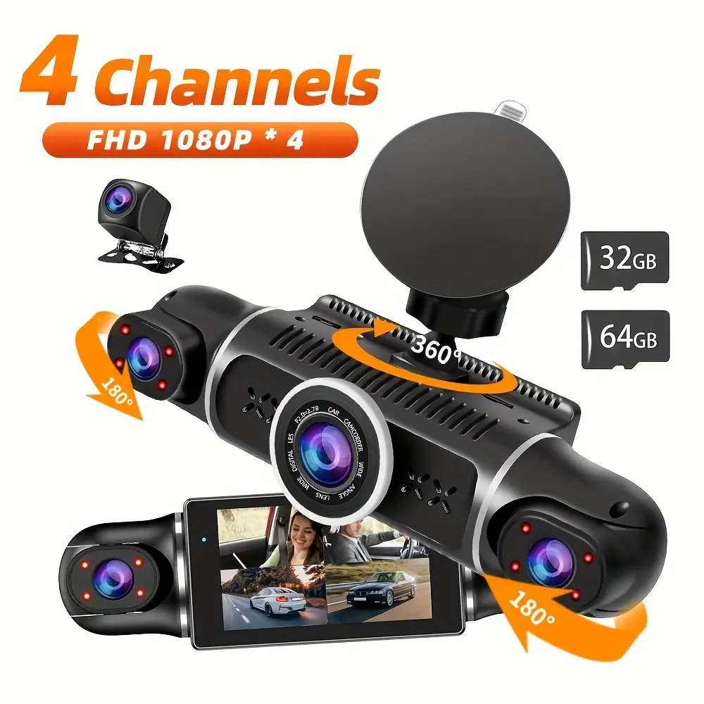 4 Channel Dash Cam with Free 64GB SD Card, Front Rear Left Right Car Camera, FHD 1080P Recording, WiFi GPS, Night Vision, G-Sensor, Loop Recording, 3" IPS Screen, Parking Monitor