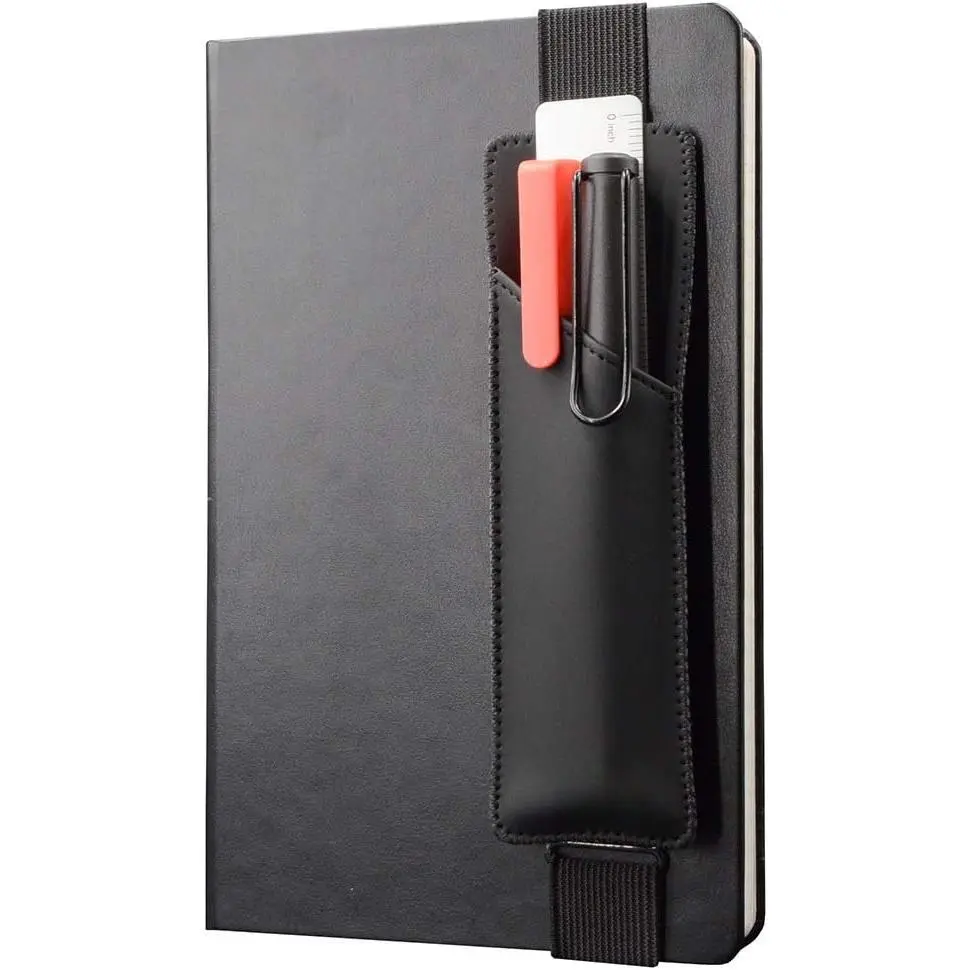 Adjustable Elastic Band Pen Holder, Pencil Holder, Pen Sleeve Pouch for Hardcover Journals, Notebooks, Planners, Binders, Fit Notebooks from 8" to 11” in Height, PU Leather, Detachable, Black