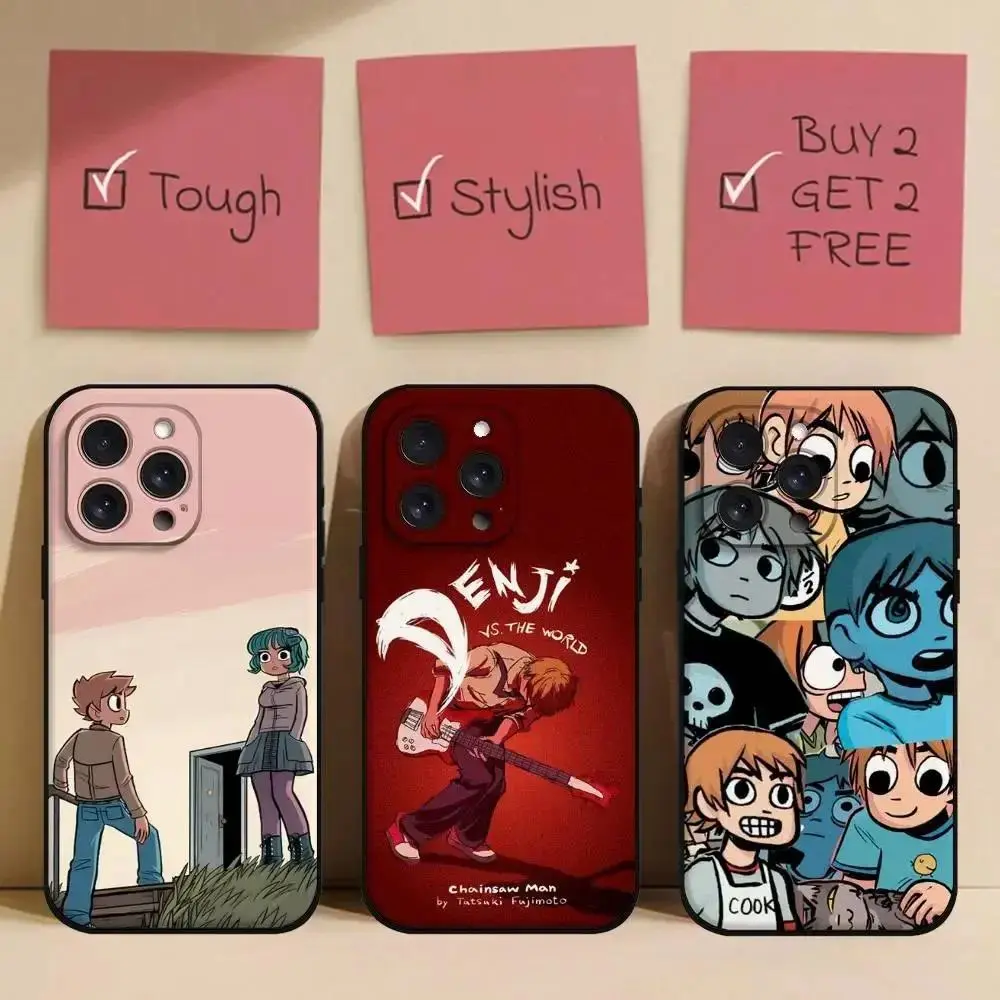 Scott Pilgrim The World Anime Phone Case For iPhone 11-17 Pro Max/Plus & Samsung Galaxy S23-S25 Black Protective Cover