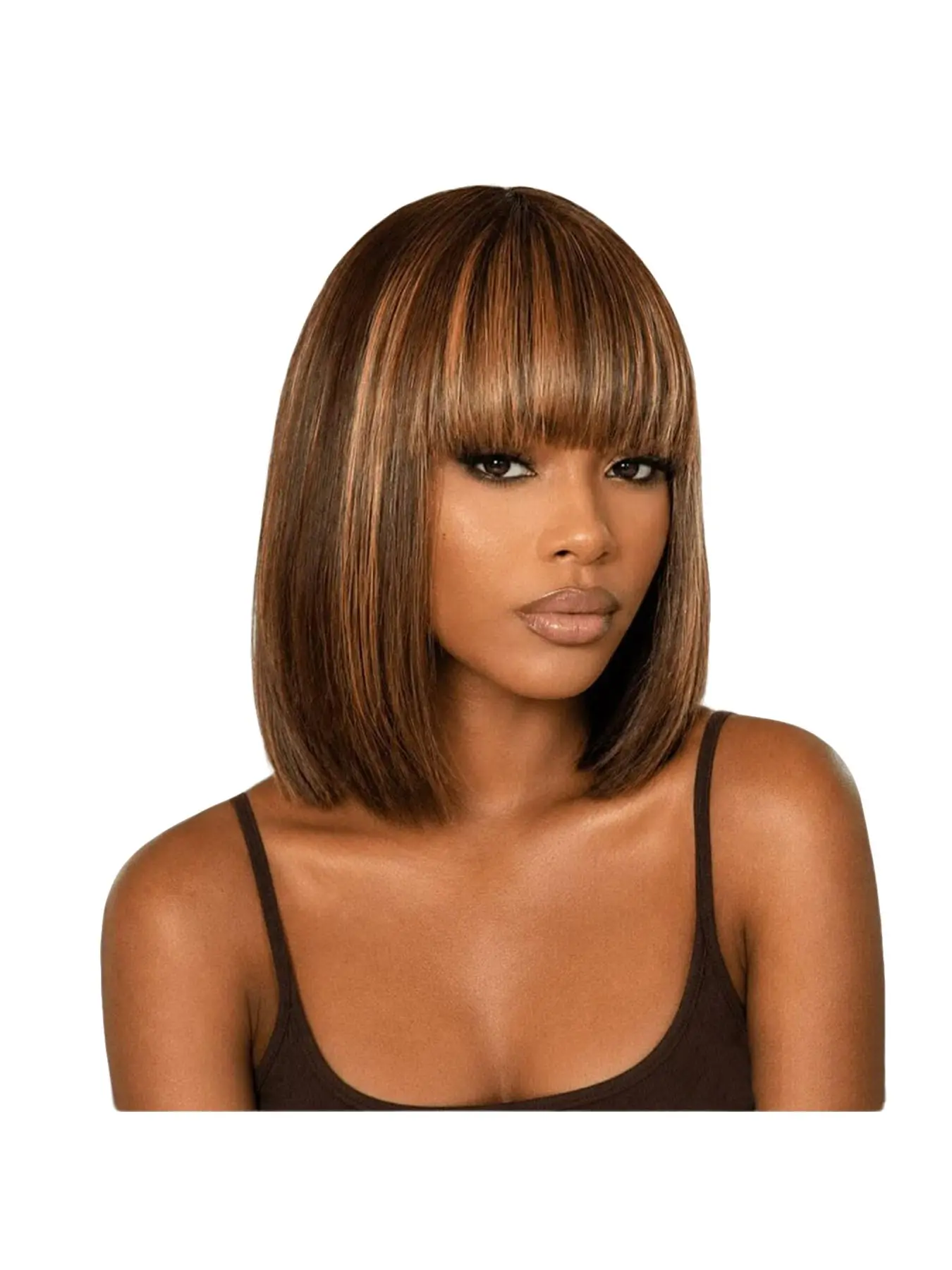 [Super Deal] 16 Inch Straight Bob Wig with Bangs Ombre Blonde Highlight #P4/27 Synthetic Hair Realistic HD Lace Short Bob Wigs, Ready to Go Blunt Cut Bob Wig Glueless 180% Density