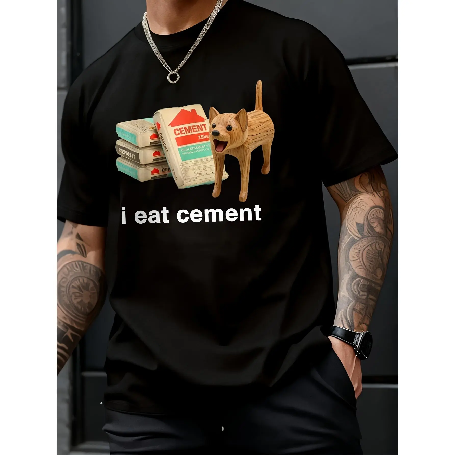Men's "I Eat Cement" Curse Humor T-Shirt with Cat - Funny Swearing Design, Quirky Novelty Gift, Round Neck Short Sleeve Casual Shirt, Machine Washable Suitable for Pranksters & Swear Word Lovers