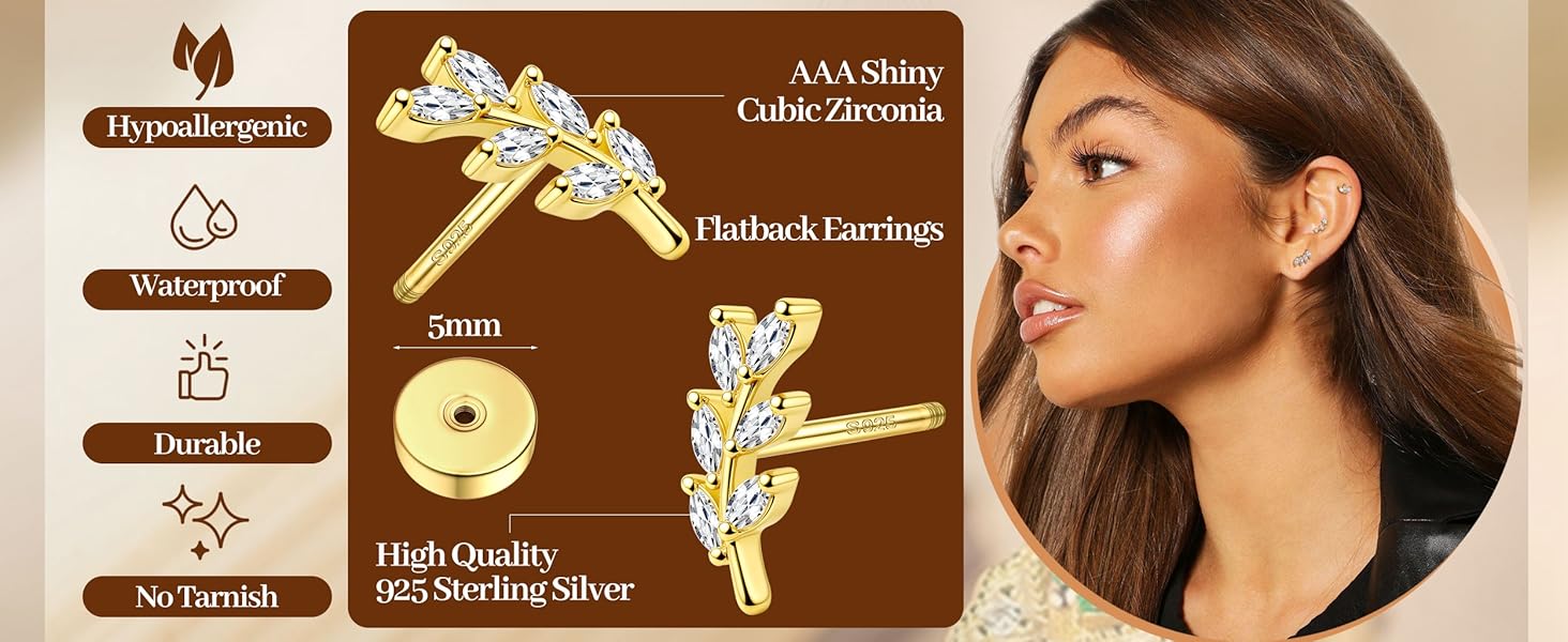 ZELORES 1 Pair Flat Back Earrings for Women Sterling Silver Post Stud Earrings Cartilage Tragus Helix Piercing Jewelry Earring for Multiple Piercing Dainty 18K Gold Plated Flatback Stud Earrings