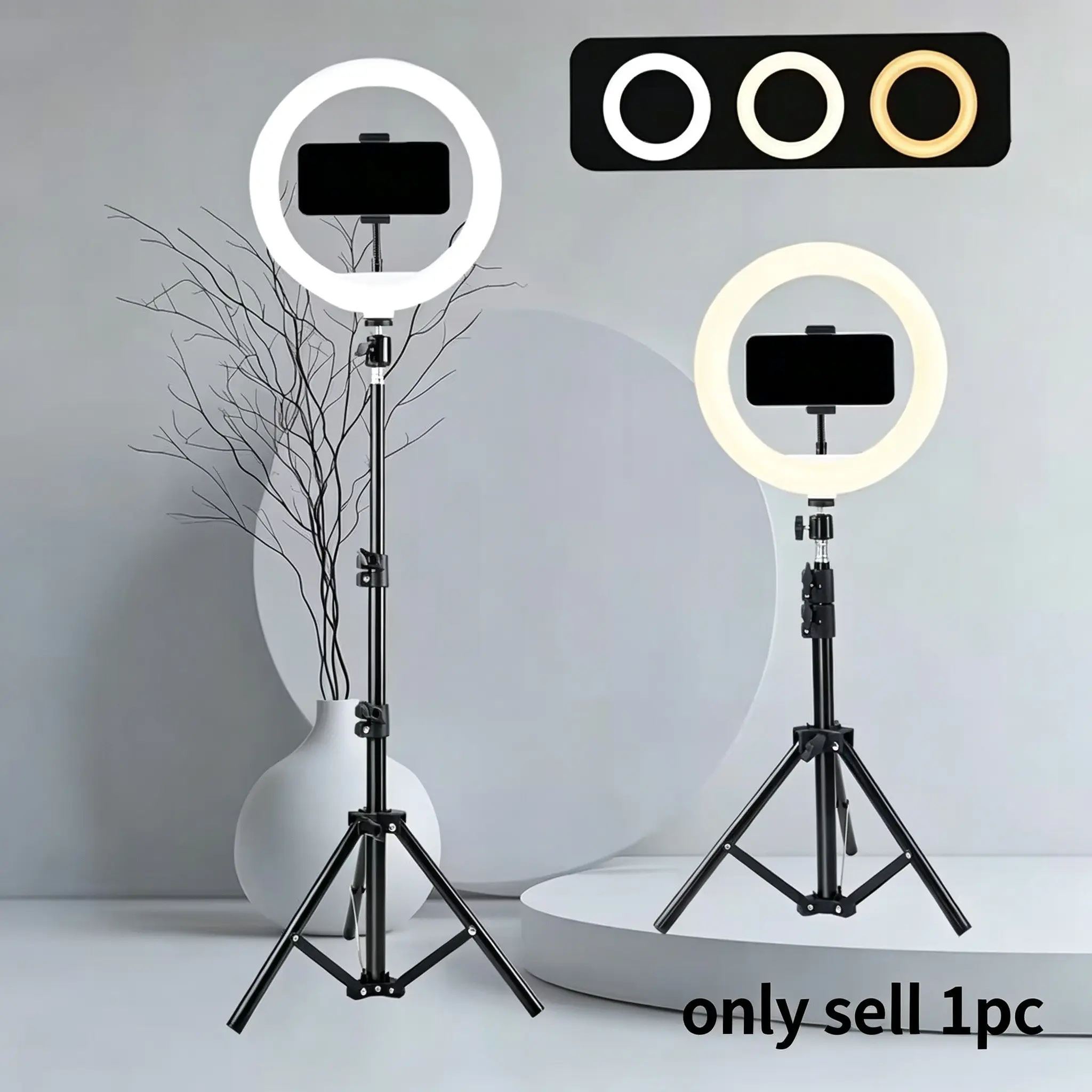 10 Inch Selfie Ring Light Set with Tripod and Phone Holder, Selfie Fill Light, Adjustable LED Camera Light, 3 Color Modes, 12 Brightness Levels, USB Powered