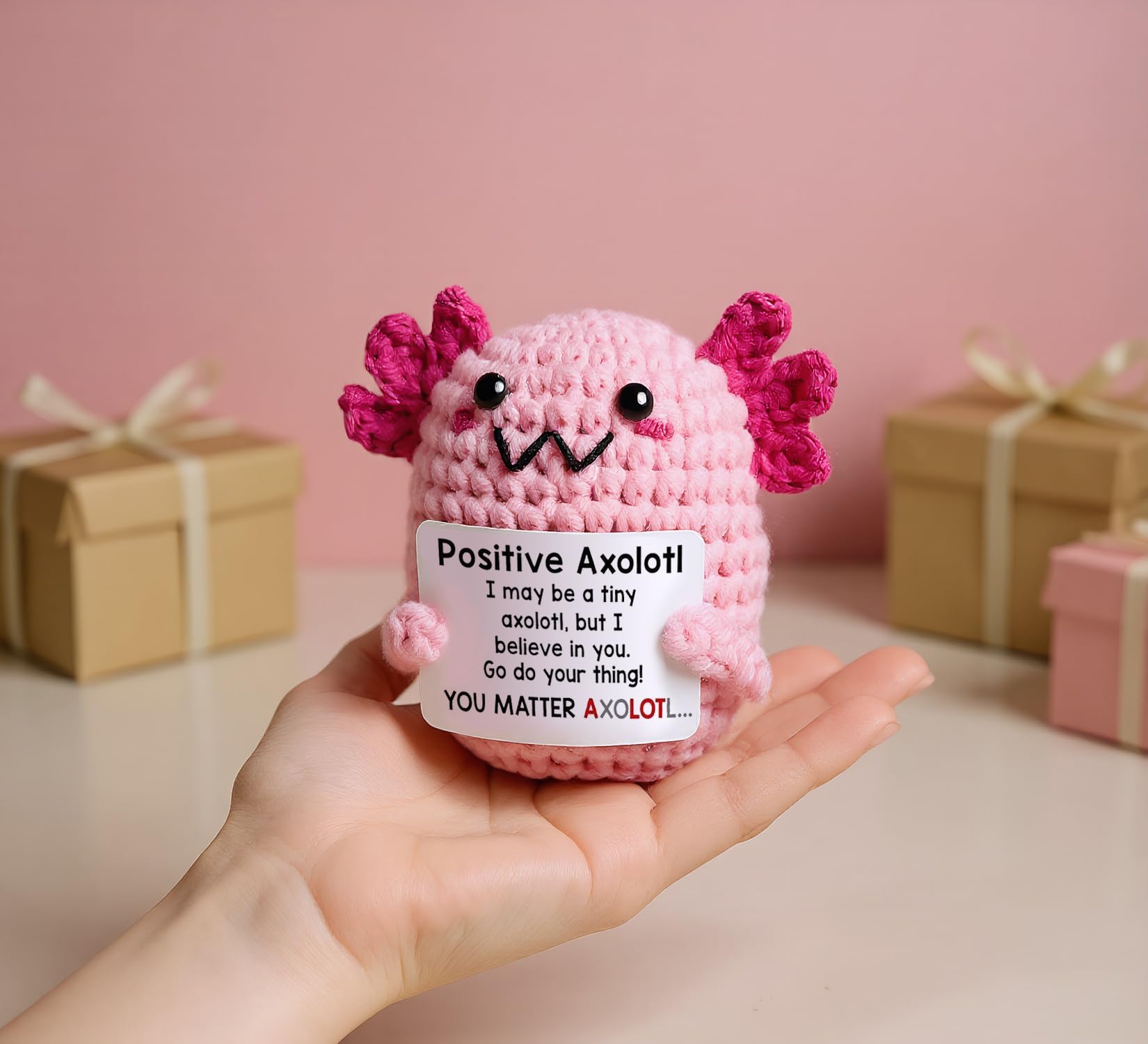 Handmade Crochet Axolotl Plush, Emotional Support Stuffed Animal, Cute Knit Salamander Toy with Soft Cotton Yarn, Anxiety Relief Companion, Portable Desk Decor, Birthday Gifts for Women & Men, Teacher Appreciation Present, Unique Home Ornament & Bag Charm