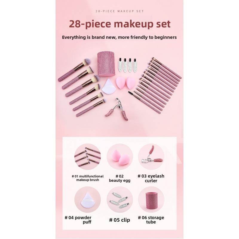 JOS 28-Piece Diamond Encrusted Makeup Brush Set for Women - Pink Glitter Brushes, Hand Bowl, Lash Tools, Full Beauty Kit for Flawless Looks, Luxurious Series, Nylon Bristles eyebrow  pluck birthday idea micro applicator brush dramatic metal curle fir get