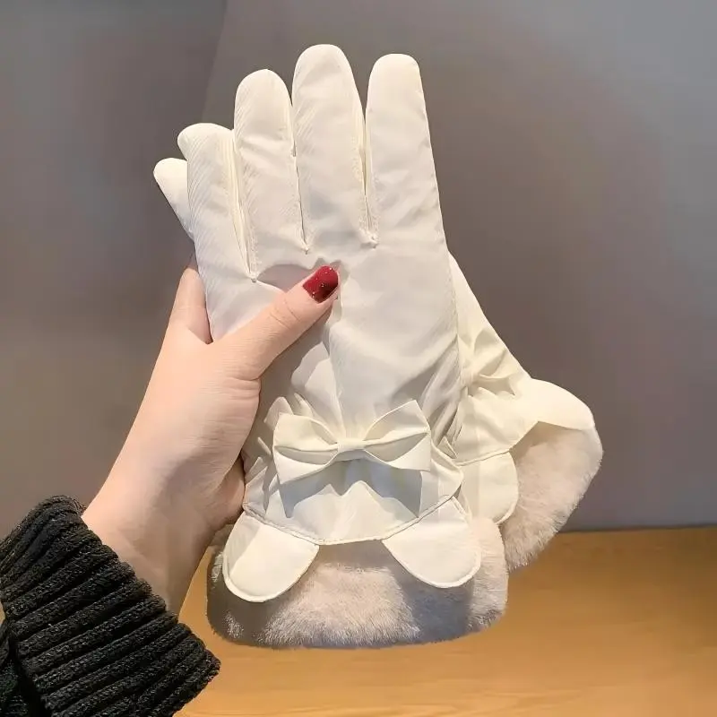 Women's Fashion Bow Touch Screen Winter Gloves, Fleece Lined Plush Cuff Mittens, Ideal for Skiing & Cold Weather Commute