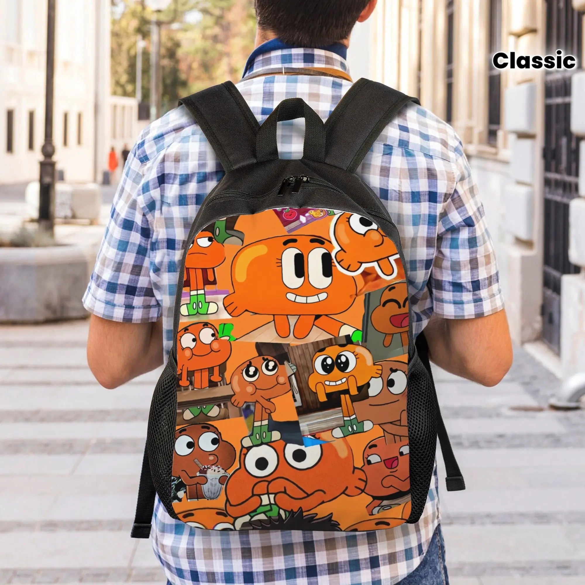 Darwin Orange Goldfish Cartoon Character Backpack for Teen Boys - Back to School Haul, Campus Life Street Chic Synthetic Rucksack with Adjustable Breathable Mesh Padded Straps, Elastic Mesh Water Bottle Pocket, Large Capacity Water-Resistant Casual Bag