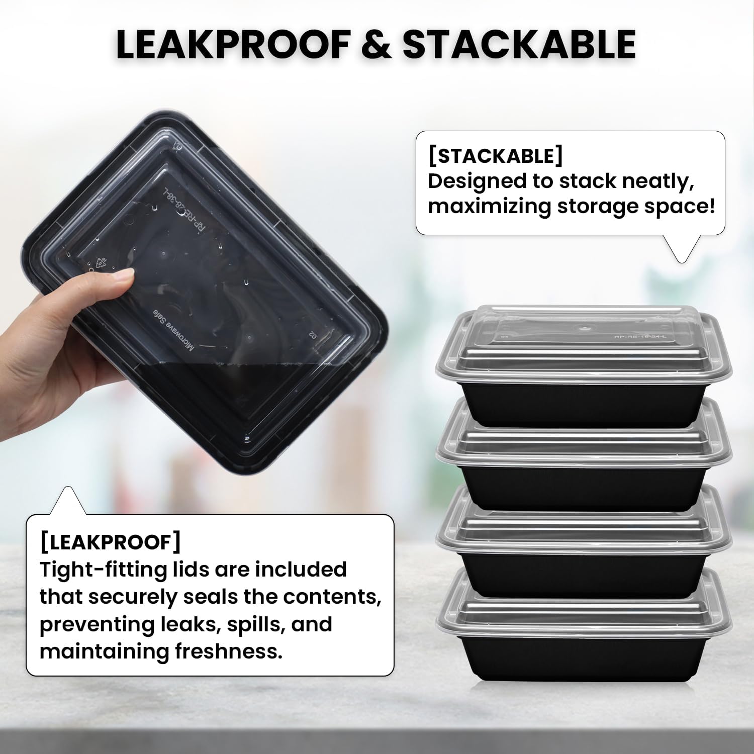 16 Oz, 50 Sets Meal Prep Containers with Airtight , ,  Plastic  Container, 16 oz, Rectangular, Black/Clear, 50 Sets