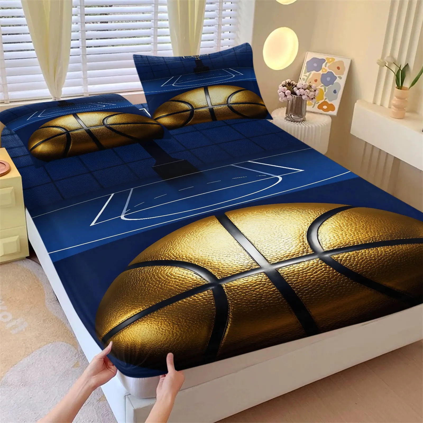 Golden Basketball Court Fitted Sheet Set with 1 Fitted Sheet + 2 Pillowcases, Sport Basketball Pattern Print Bed Sheet, Soft Breathable Microfiber Deep Pocket Elastic Bottom Sheet, Fashion Sports Themed Bedding for Boys Teens Men Bedroom