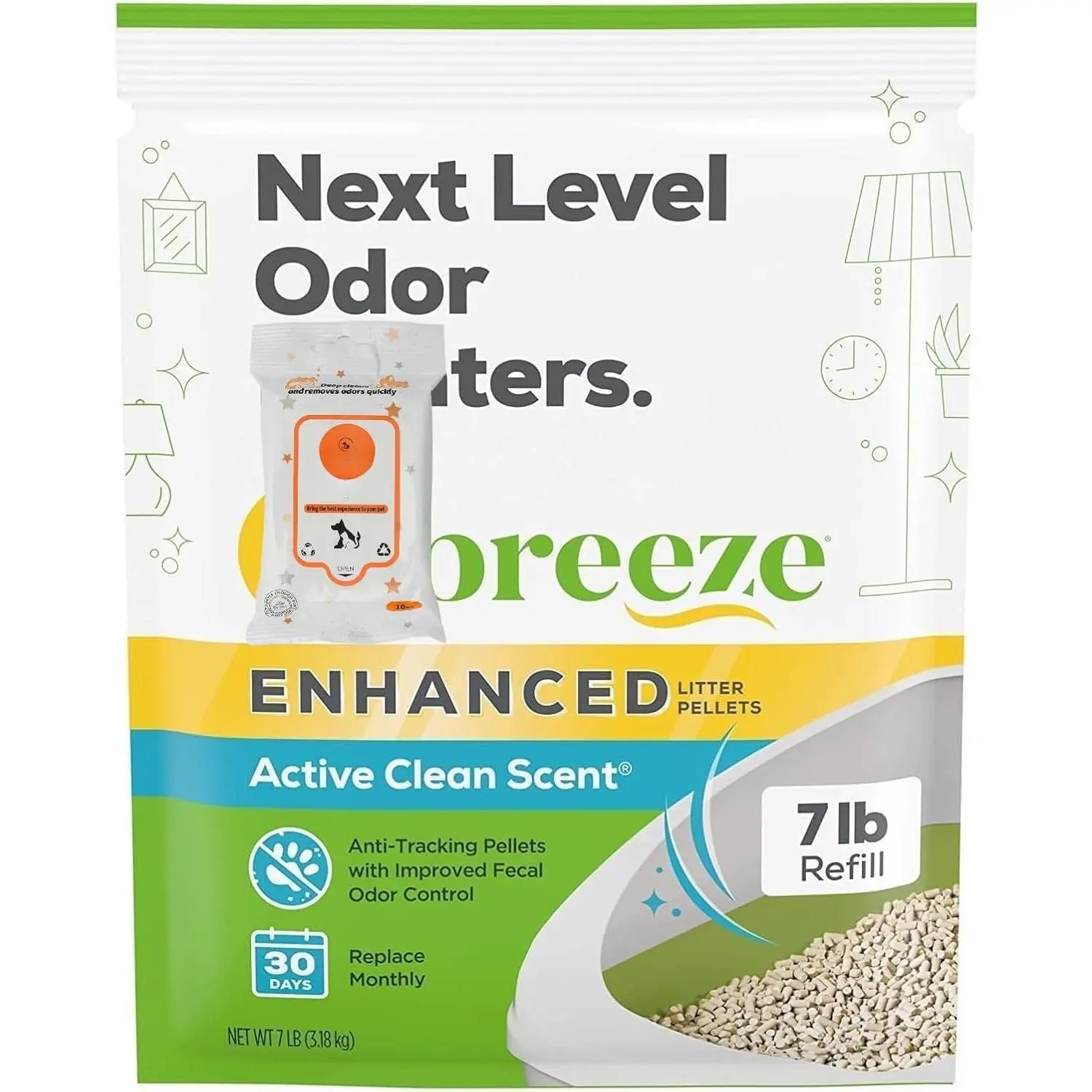 Breeze  Litter Pellets,  Clean Scent, 7 lb Refill with  Care Wipes