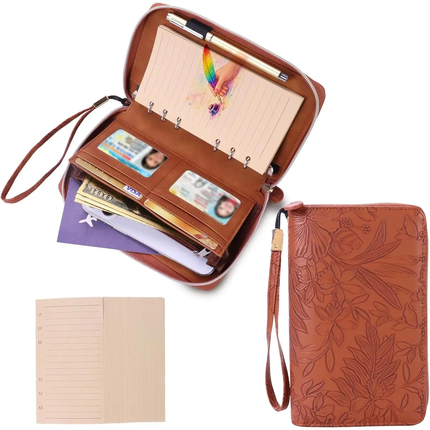 Zippered Faux Leather A6 Binder Organizer Storage - Compact Budgeting Planner for Travelers, Detachable Rings, Pouches, Lined Pages, Card Slots, Pen Holder