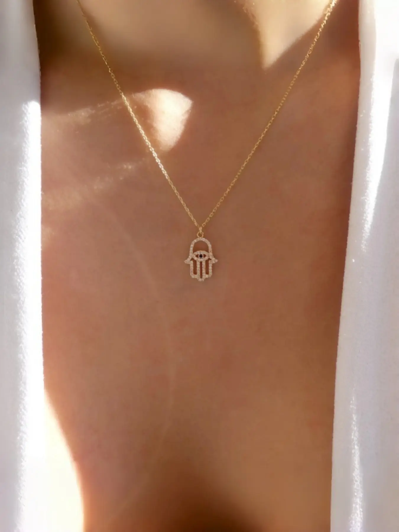 Minimalist Hamsa Guardian Necklace, Full Diamond Fatima Hand Pendant, Daily Commute Unique Jewelry, Trendy Accessory for Women, Fashion Pendant Necklace