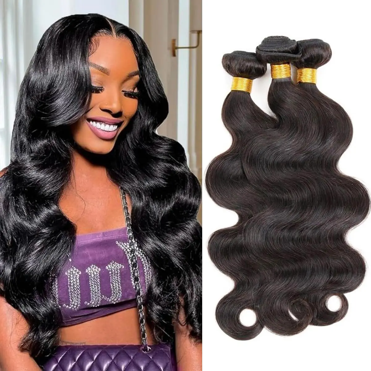 Human Hair Bundles, Natural Black Straight, Body Wave & Deep Wave, Soft Full-Volume Thick Wefts for Sew-In and Quick Weave Extensions