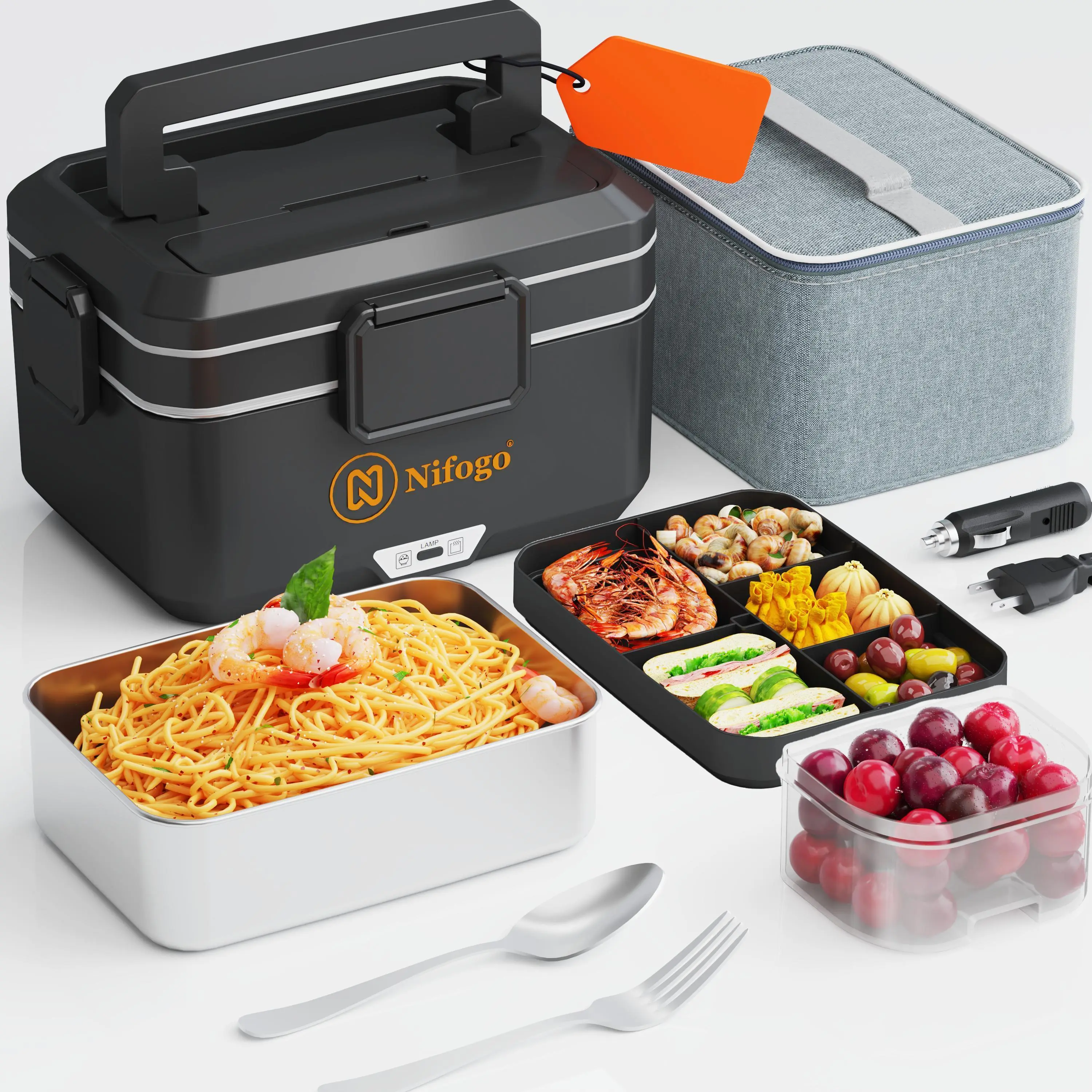 1.8L 304 Stainless Steel Electric Lunch Box Container for Adults, 60-80W Portable Food Warmer with Fork & Spoon, 110V-12V-24V for Work, Car, Truck
