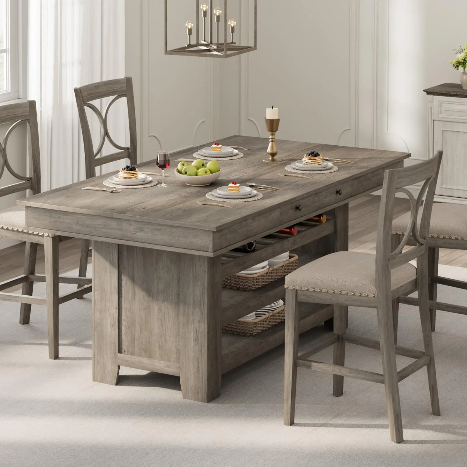 60" Dining Counter Height Table with Wine Rack & 3 Shelves, Wooden Tall Dining Table with 2 Drawers, Thick Frame Counter Height Kitchen Table for Entertaining, Retro White Brown