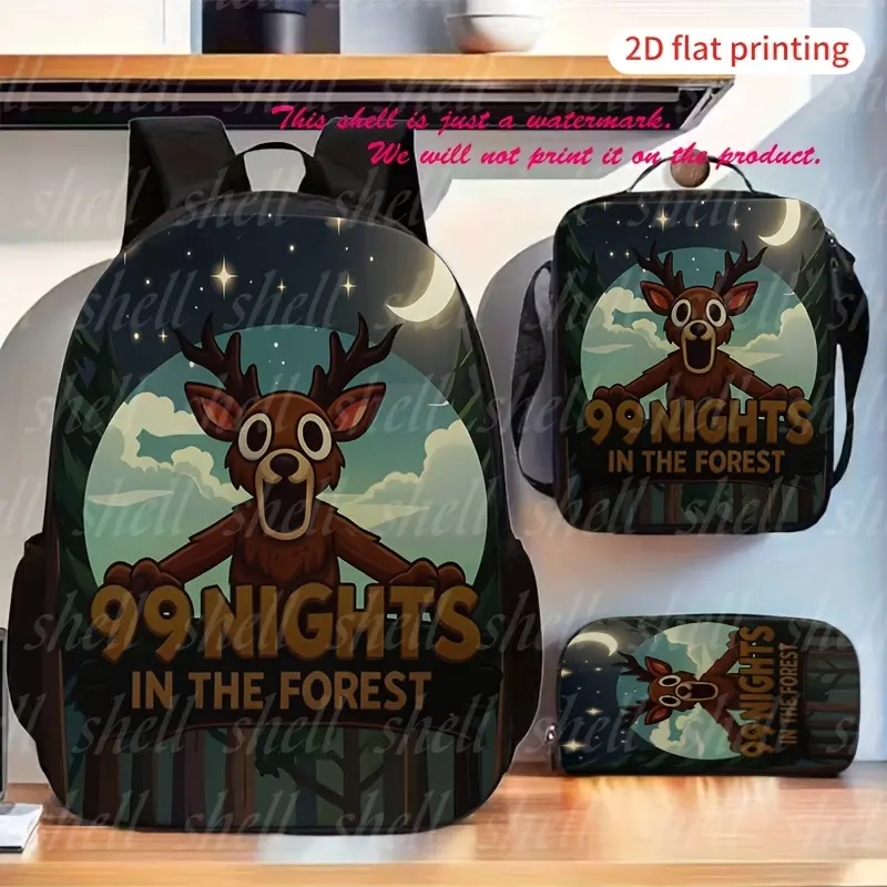 Kids' 3-Piece Waterproof 600D Oxford Fabric Backpack Set, School Supplies with Cartoon Forest Night Sky Deer Print, Lunch Box, Zipper Pencil Case, Adjustable Breathable Padded Straps, 15-in Laptop Fit, Back to School Use