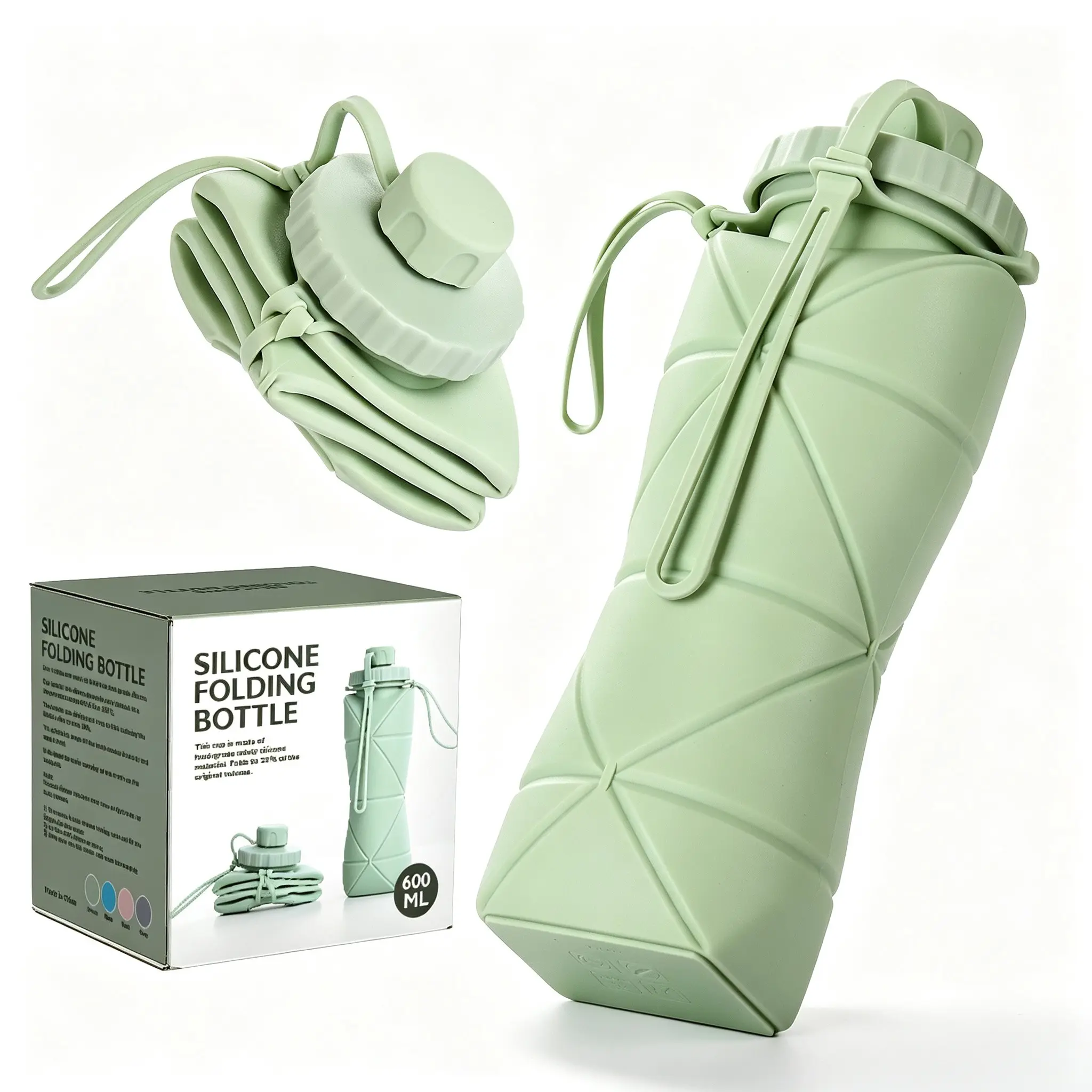 20oz 600ML Collapsible Silicone Water Bottle, BPA Free Reusable Foldable Portable Leakproof Water Cup with Lanyard, Lightweight Travel Water Jug