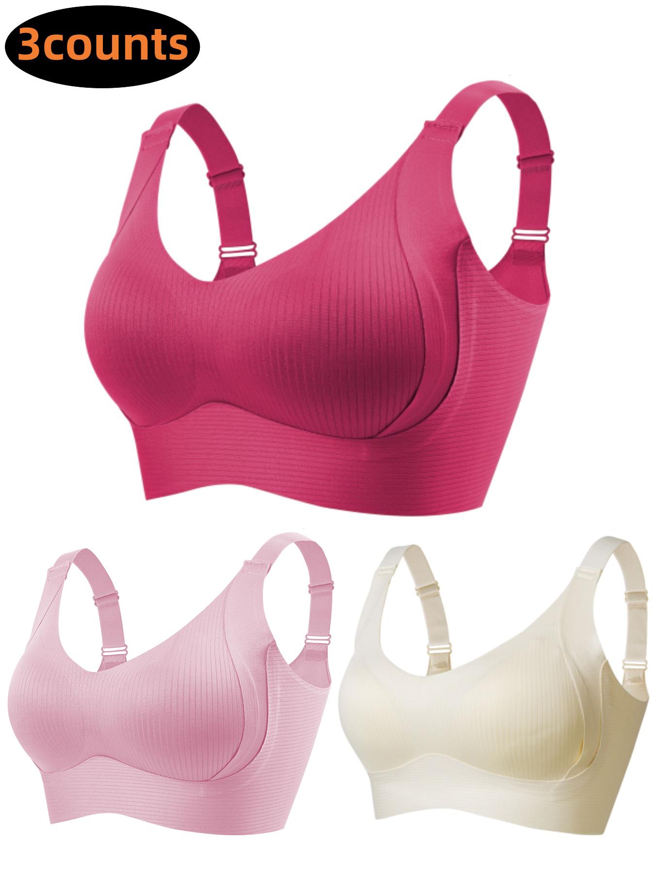 Women's Solid Four-Row Hook Adjustable Supportive Wireless Bra, Soft Comfortable Breathable Ribbed Push-Up Seamless Bra, Women's Lingerie for All Seasons