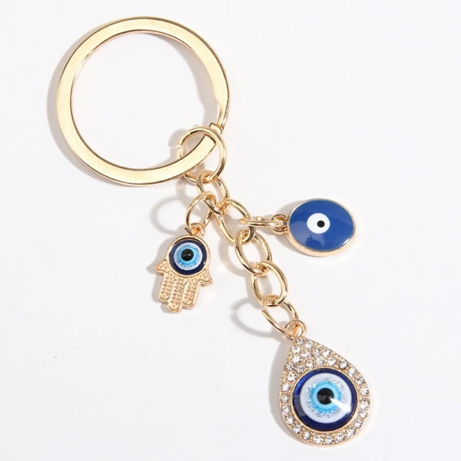 Women Evil Eye Hamsa Hand Keychain, Trendy Turkish Blue Eye Bag Charm, Multi Pendant Rhinestone Water Drop Key Ring, Gold Plated Enamel Key Holder, Bohemian Stylish Accessory For Car Keys Backpack Decor