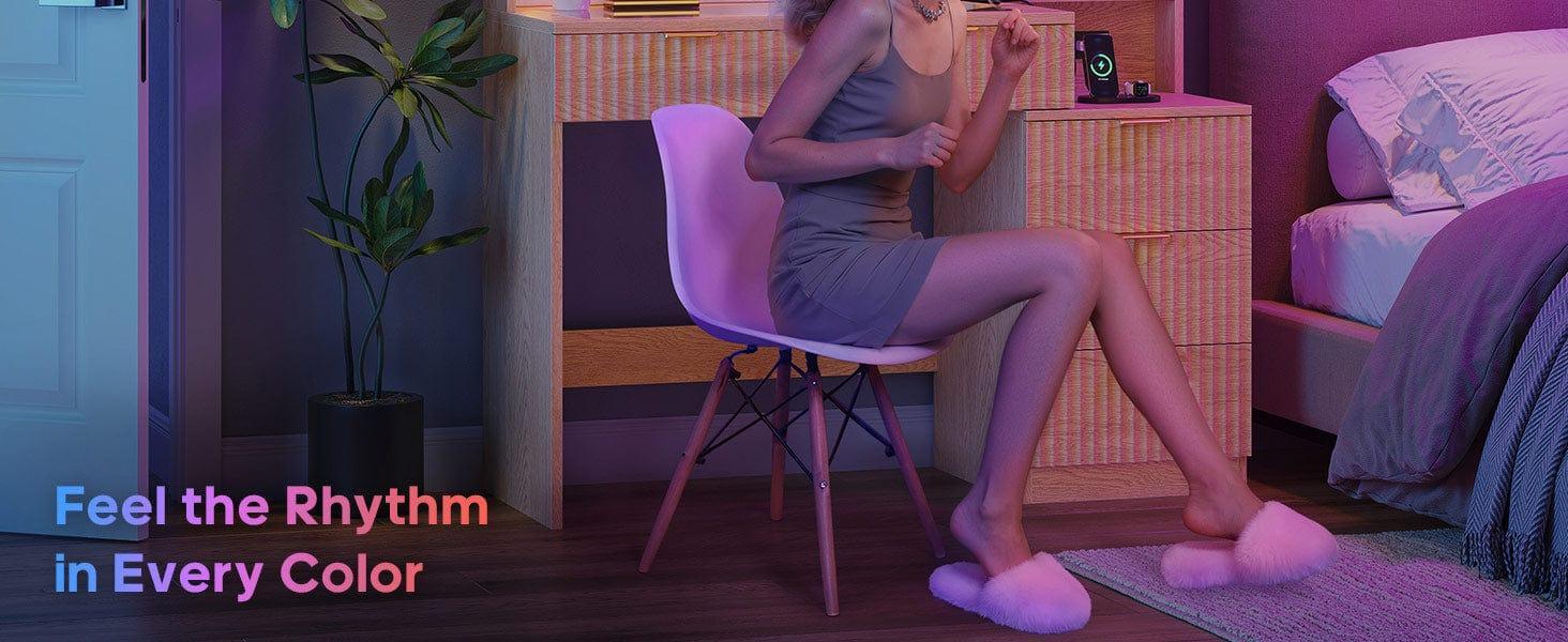 Fluted Makeup Vanity with Sync Music LED Lights and Glass Top Natural Oak Fluted Makeup Vanity with Sync Music LED Lights and Glass Top Natural Oak