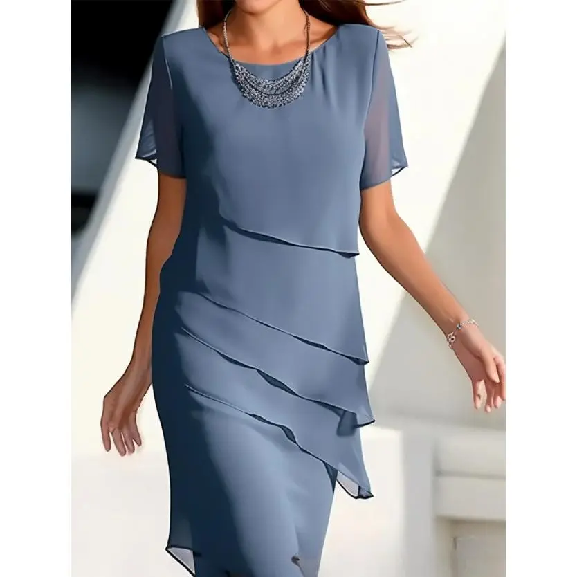 Solid color short-sleeved flash ruffle edge round neck casual dress