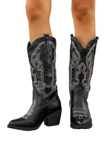 Women's Embroidered Western Cowboy Boots, Patchwork Short Boots, Pointed Toe, Thick Heel, Mid-Calf Design, Fashionable Fall & Winter Casual Shoes