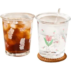 Set of 2 12 OZ French Drinking Glasses Floral Glass Coffee Cup Cute Tulip Rabbit Glass Cups for Iced Tea,Juice,Coffee,Latte,Milk,Dessert,Stackable Glassware Drinkware Set
