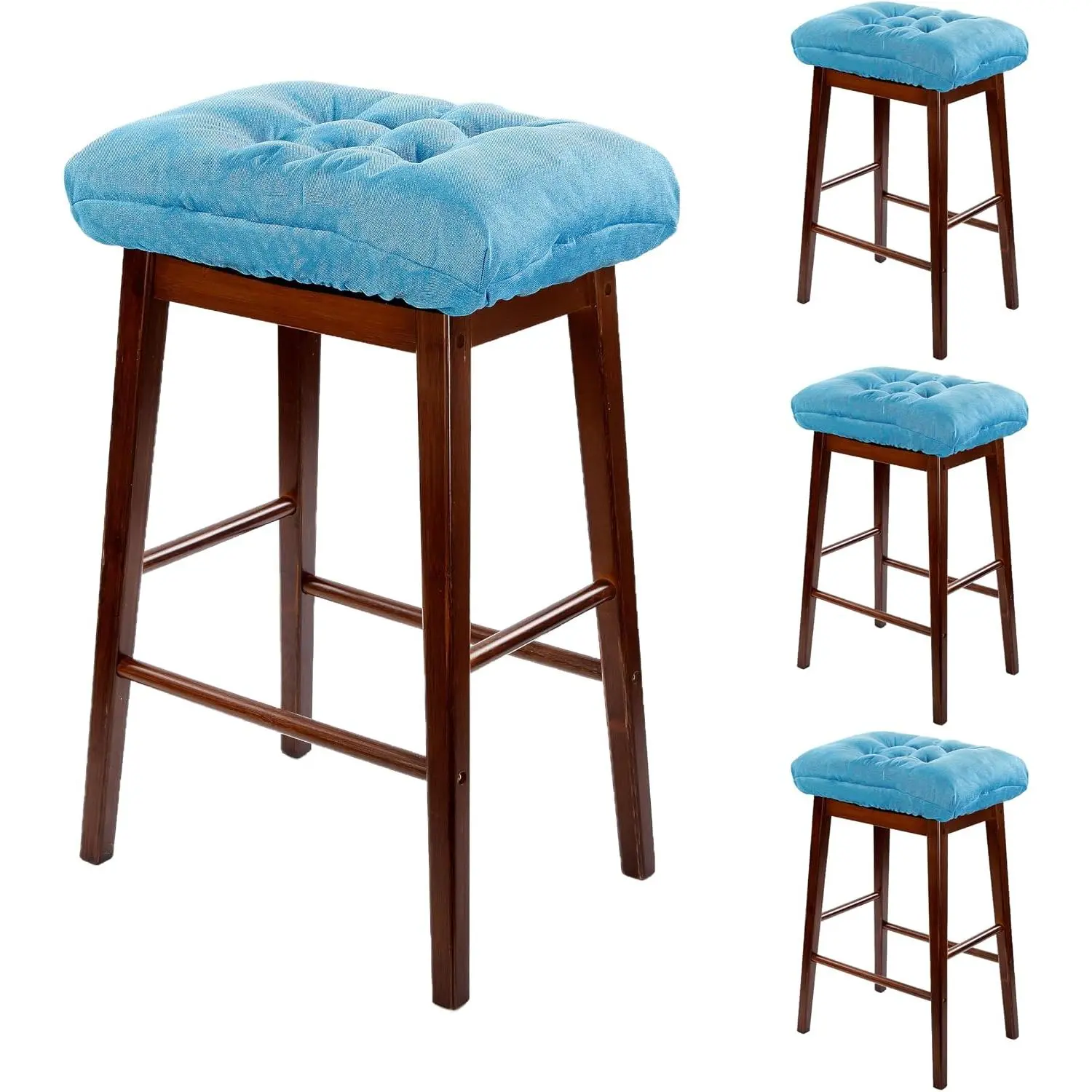 Rectangular Stool Cushion Set of 4, Soft Saddle Stool Cushions with Ties, Nonslip and Washable, Light Blue, 18 x 10.5 x 4 Inch