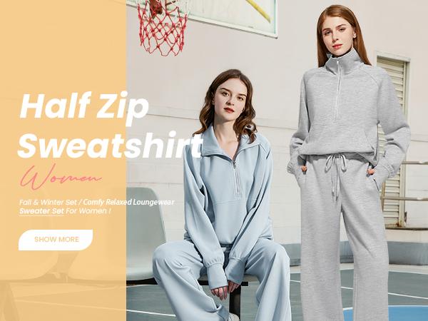 Casly Lamiit Women's 2 Piece Outfits Lounge Set 2026 Oversized Half Zip Sweatshirt & Wide Leg Sweatpants Navy Blue Minimalist Cozy Fabric Trendy Design All Match Longsleeves