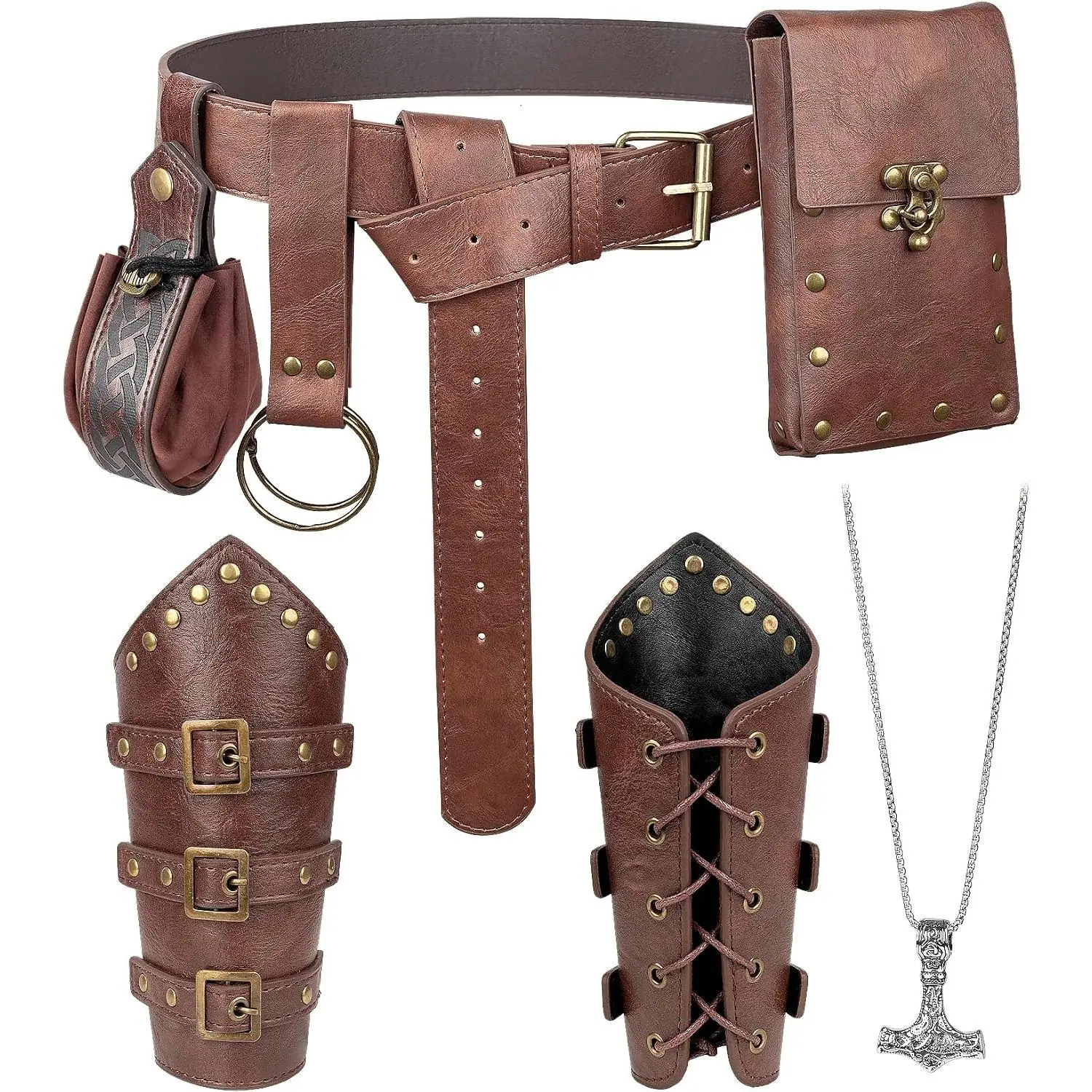7PCS Renaissance Medieval Accessories Set - Viking Leather Bracers, Belt, Pouch & Money Bag for Halloween CosplayGift