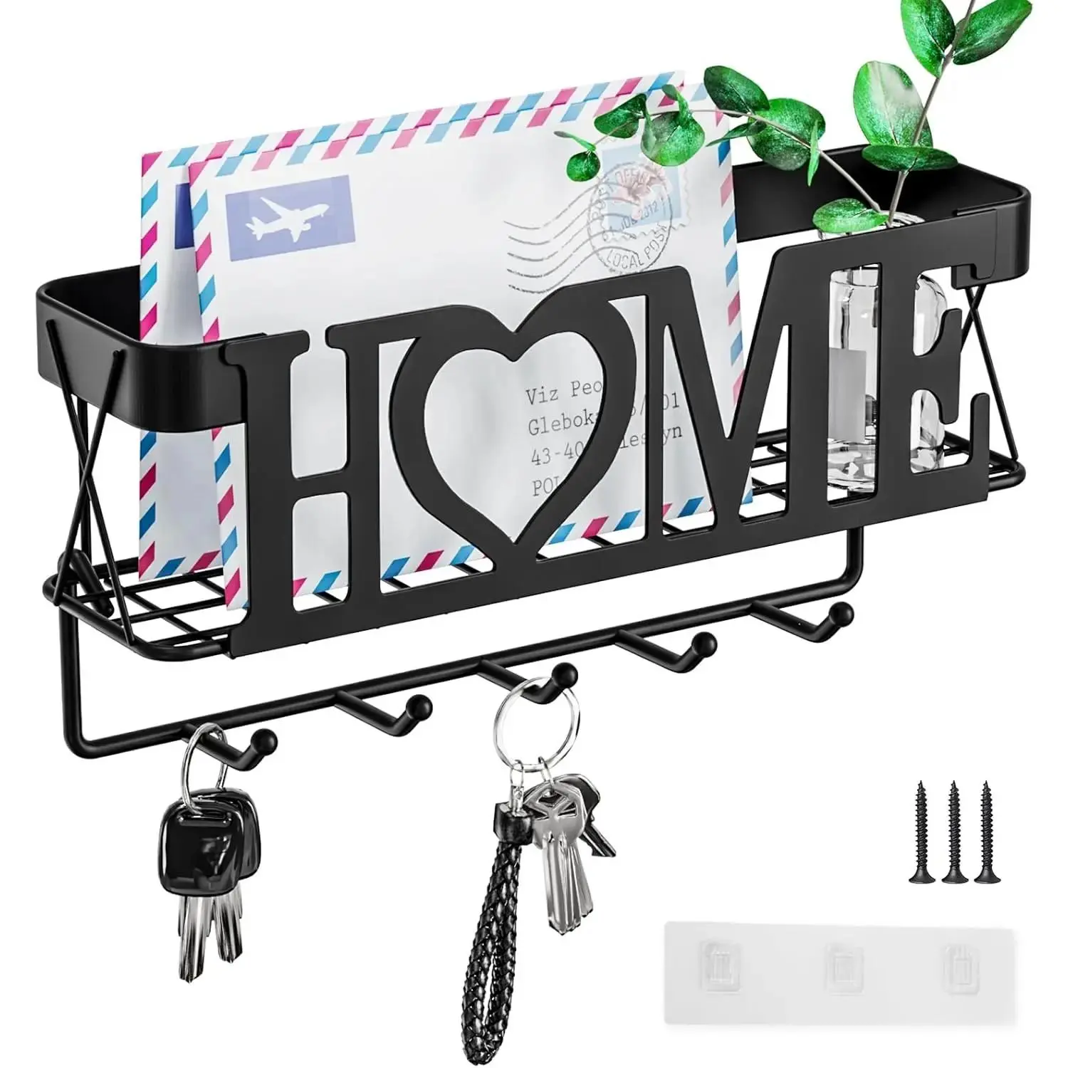 Key Holder for Wall - Key Rack with 5 Key Hooks, 11.02" L2.75" W4.92" H, Key and Mail Organizer Wall Mount with Mesh Basket, Key Hanger for Wall, Entryway, Decor(Matte Black)