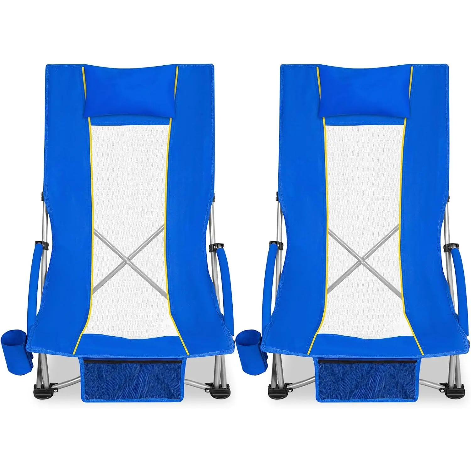 Compact High Back Beach Chair, Lightweight Low Seat Travel Chair, Beach Chair Fits in Suitcase, 300lbs Heavy Duty Folding Camping Chair with Cup Holder & Pocket, Blue