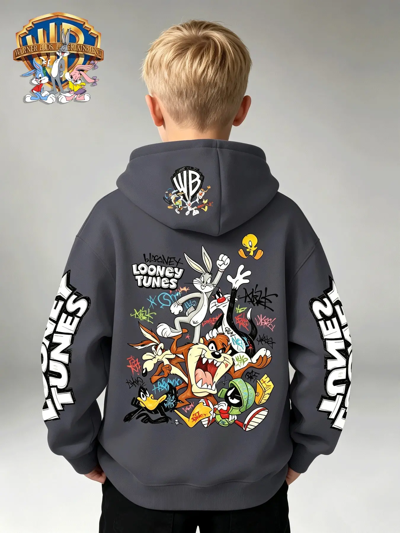 Looney Tunes Hoodie for Kids, Deep Street Graffiti Design, Loose-Fit Casual Outerwear, Fall & Winter Gift Idea
