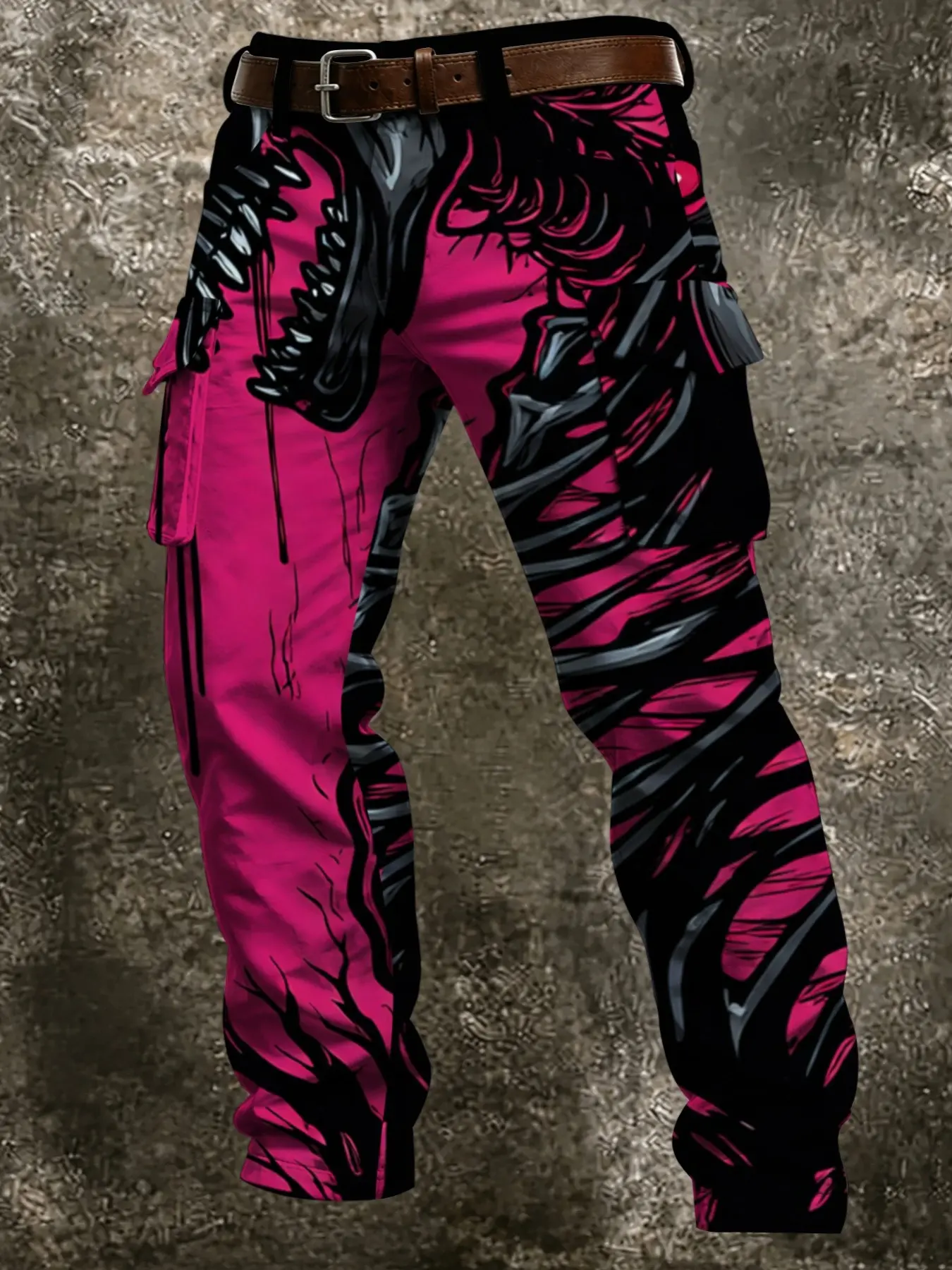 Men's Dark Beast Graffiti Print Cargo Pants, Wild Monster Art Pattern Multi-Pocket Casual Long Pants, Street Fashion Bottoms