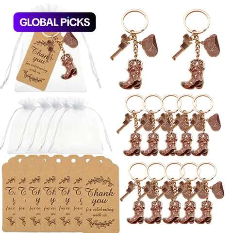 12 Set Western Cowgirl Keychain Party Gift Set, Metal Key Rings with Hat and Boot Charms, Cowboy Theme Birthday Wedding Gifts, Metal Keychains #GLOBAL PICKS