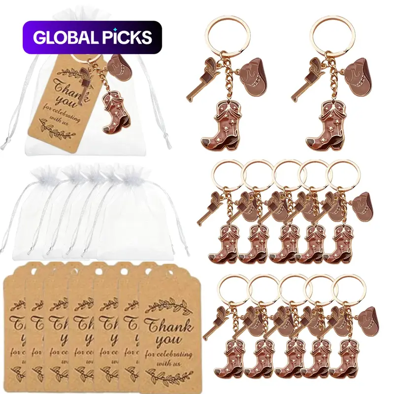12 Set Western Cowgirl Keychain Party Gift Set, Metal Key Rings with Hat and Boot Charms, Cowboy Theme Birthday Wedding Gifts, Metal Keychains #GLOBAL PICKS