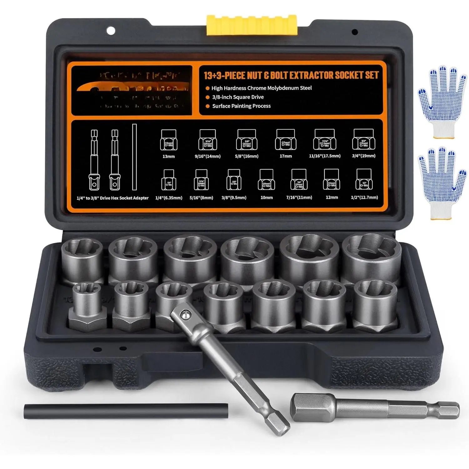 16-Piece Heavy Duty Extractor Socket Set, Stripped Fastener Remover with 3/8"-Drive Adapter, Knock-Out Pin & Gloves for Rounded Bolts, Rusted Nuts