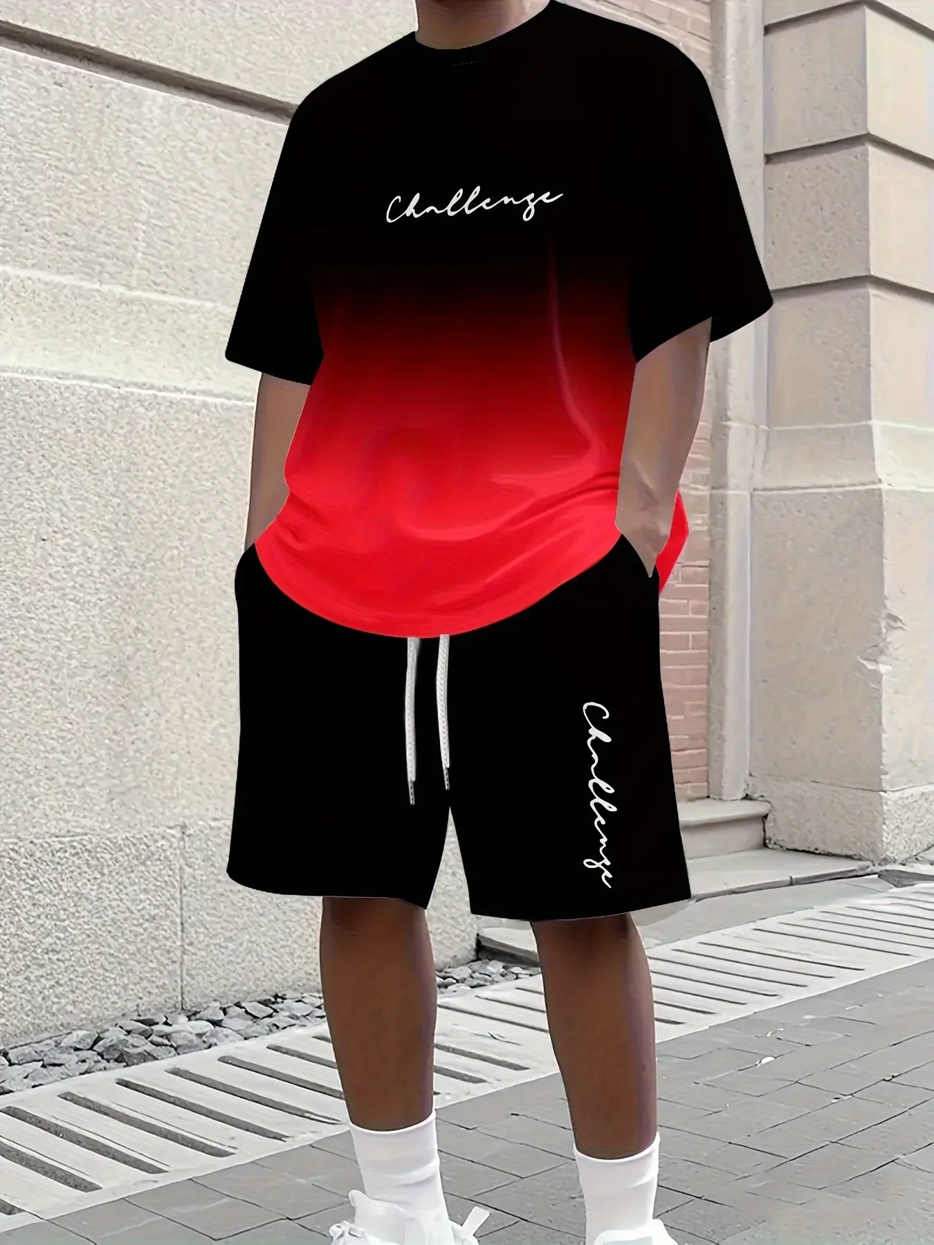 Men's 3D Gradient Letter Print Suit, Summer Street Sports Crew Neck Short-sleeved Shirt and Drawstring Shorts Two-piece Set