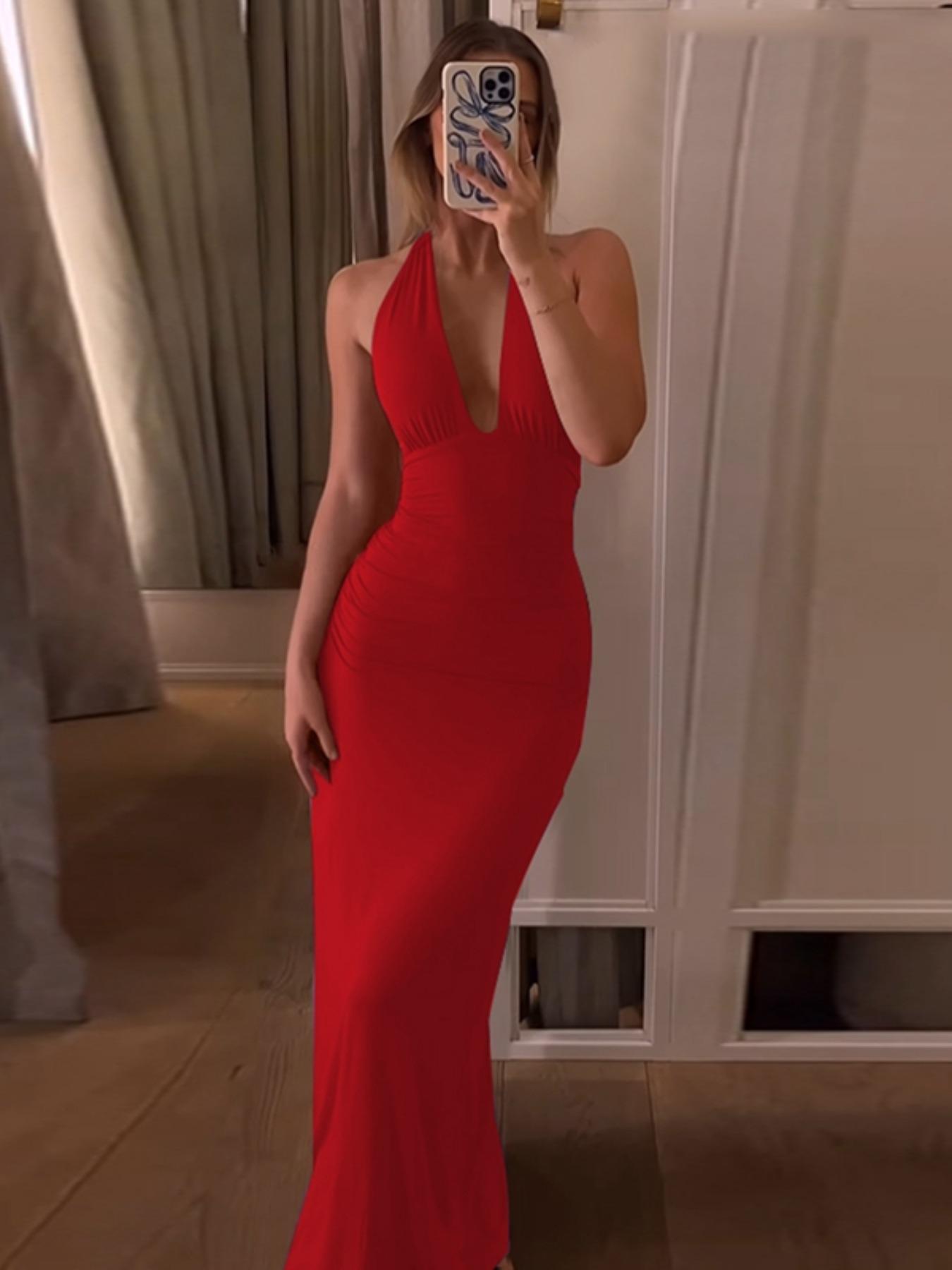Women's Solid Backless Halter Neck Bodycon Evening Cocktail Dress, Fashion Casual Sleeveless Dress for Party Club Dating Wear, Ladies Summer Clothes Womenswear